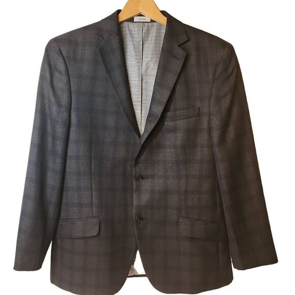 JF J. Ferrar Slim Fit Suit Jacket Sport Coat Gingham Pattern Dark‎ Gray/Blue Men - Picture 1 of 15